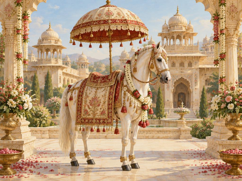 Decorated white wedding horse beneath a royal umbrella