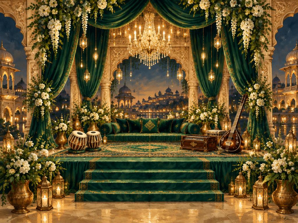 Emerald Sangeet stage with chandeliers and traditional instruments