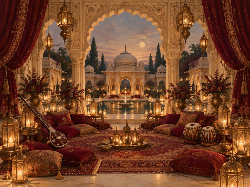 Lantern-lit Sufi evening in a burgundy-draped palace courtyard