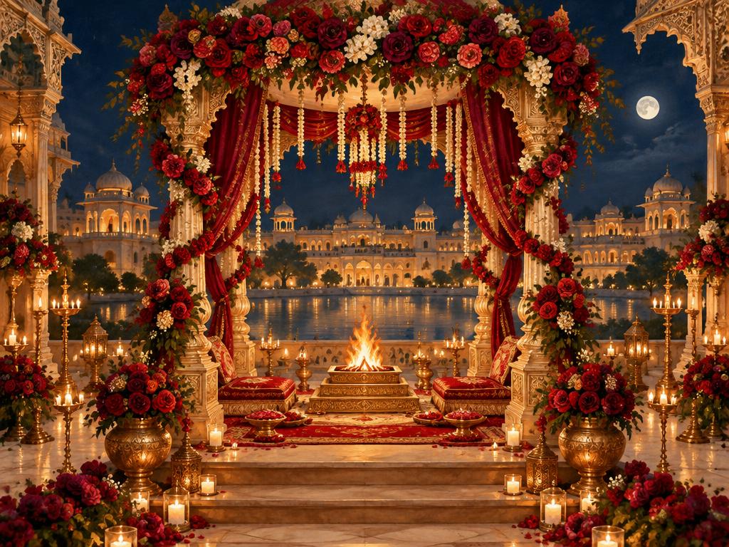 Floral red wedding mandap with a sacred fire at night